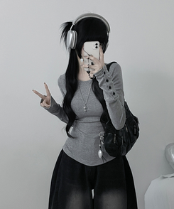 소매버튼옆셔링슬림라인긴팔티셔츠 그레이