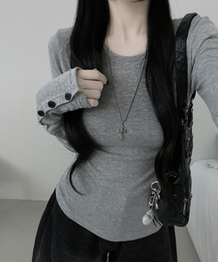 소매버튼옆셔링슬림라인긴팔티셔츠 그레이