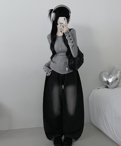 소매버튼옆셔링슬림라인긴팔티셔츠 그레이