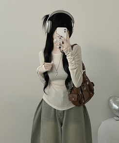 소매버튼옆셔링슬림라인긴팔티셔츠 크림