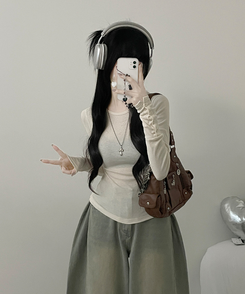 소매버튼옆셔링슬림라인긴팔티셔츠 크림