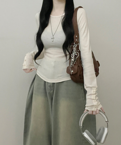 소매버튼옆셔링슬림라인긴팔티셔츠 크림