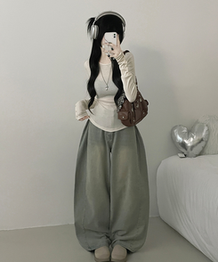 소매버튼옆셔링슬림라인긴팔티셔츠 크림