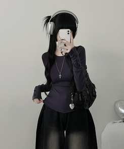 소매버튼옆셔링슬림라인긴팔티셔츠 퍼플