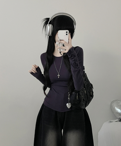 소매버튼옆셔링슬림라인긴팔티셔츠 퍼플