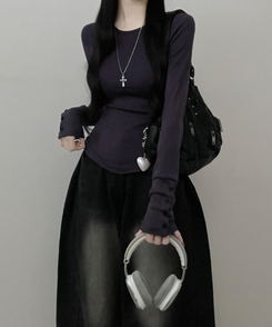 소매버튼옆셔링슬림라인긴팔티셔츠 퍼플