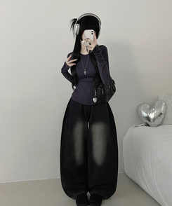 소매버튼옆셔링슬림라인긴팔티셔츠 퍼플