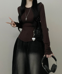 소매버튼옆셔링슬림라인긴팔티셔츠 브라운