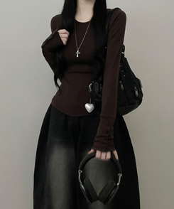 소매버튼옆셔링슬림라인긴팔티셔츠 브라운