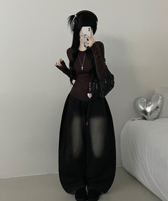 소매버튼옆셔링슬림라인긴팔티셔츠 브라운