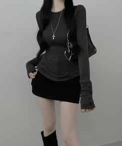 소매버튼옆셔링슬림라인긴팔티셔츠 먹색