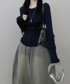 소매버튼옆셔링슬림라인긴팔티셔츠 네이비