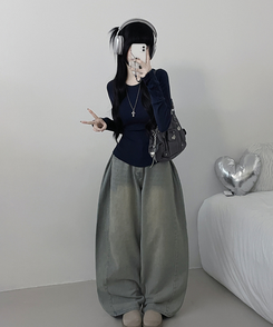 소매버튼옆셔링슬림라인긴팔티셔츠 네이비