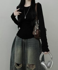 소매버튼옆셔링슬림라인긴팔티셔츠 블랙