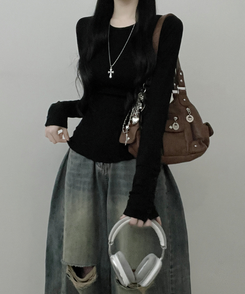 소매버튼옆셔링슬림라인긴팔티셔츠 블랙