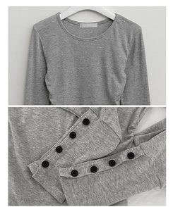 소매버튼옆셔링슬림라인긴팔티셔츠