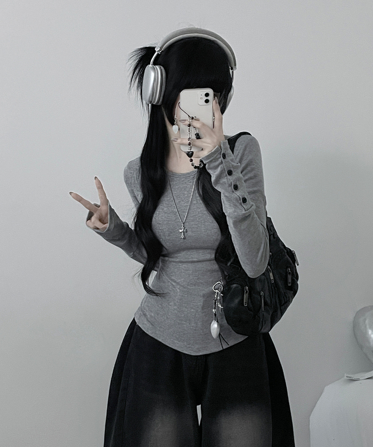 소매버튼옆셔링슬림라인긴팔티셔츠 그레이