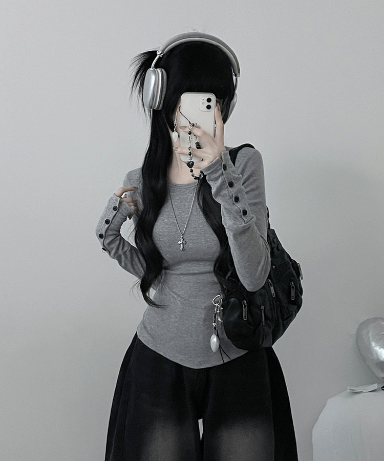 소매버튼옆셔링슬림라인긴팔티셔츠 그레이