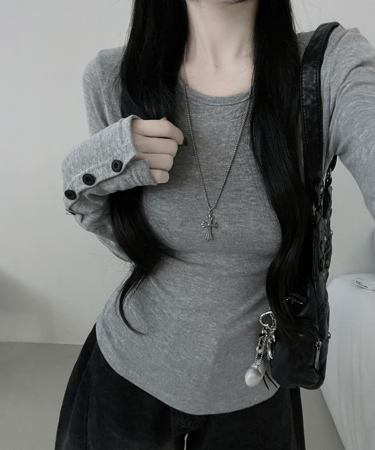 소매버튼옆셔링슬림라인긴팔티셔츠 그레이