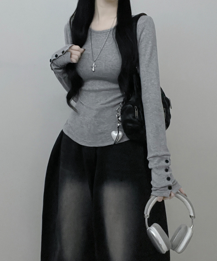 소매버튼옆셔링슬림라인긴팔티셔츠 그레이