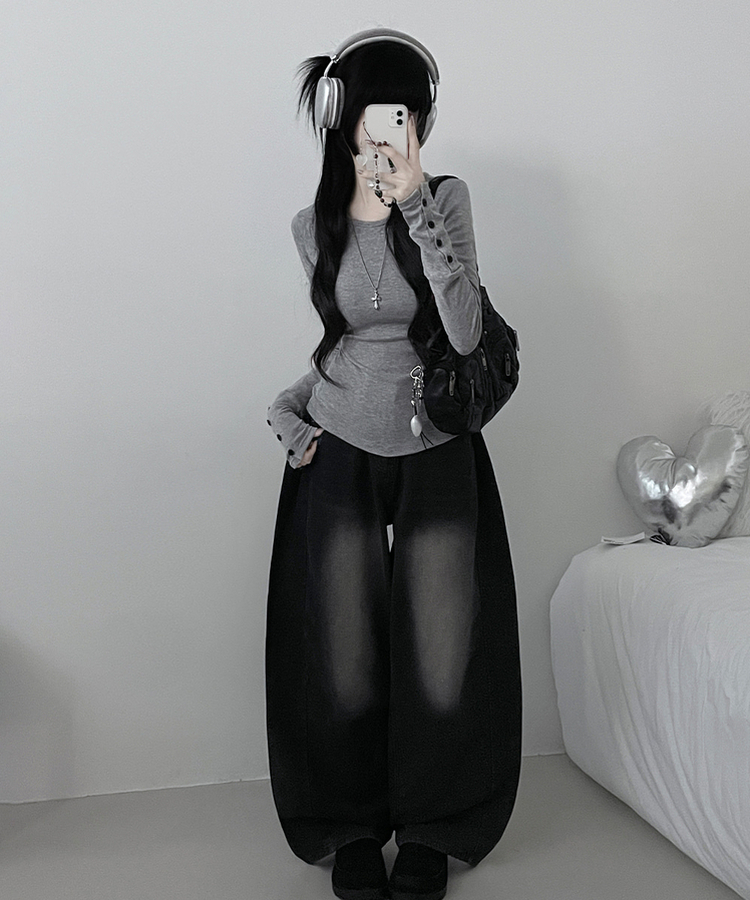 소매버튼옆셔링슬림라인긴팔티셔츠 그레이