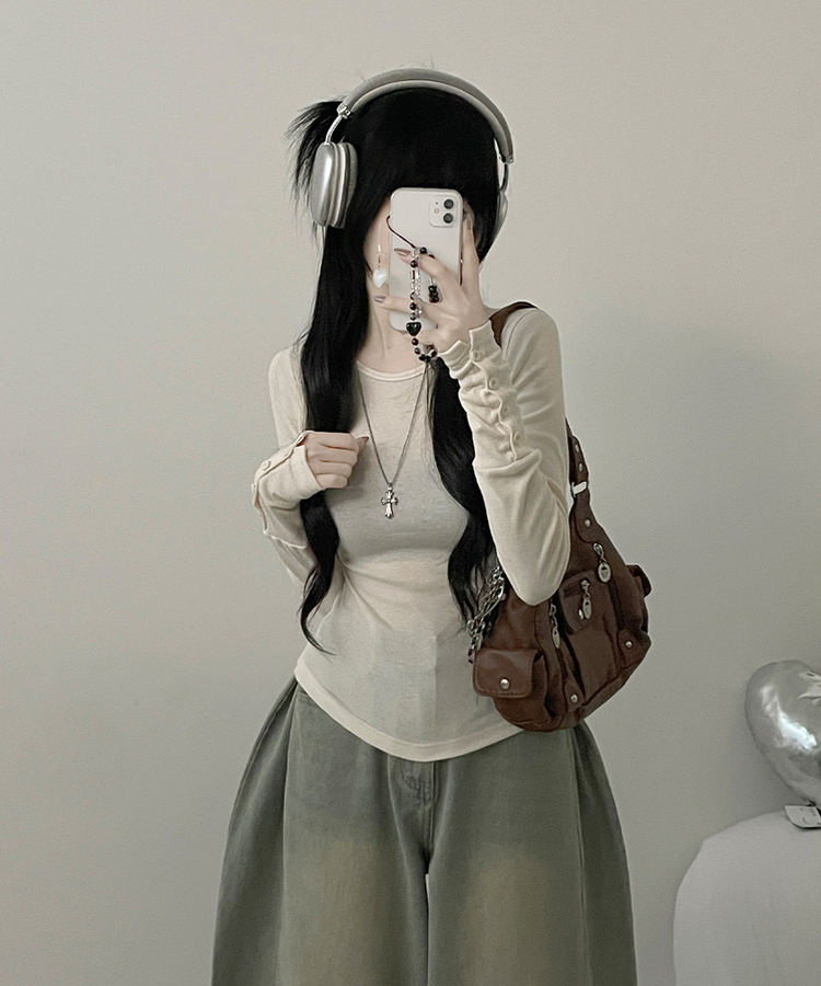 소매버튼옆셔링슬림라인긴팔티셔츠 크림