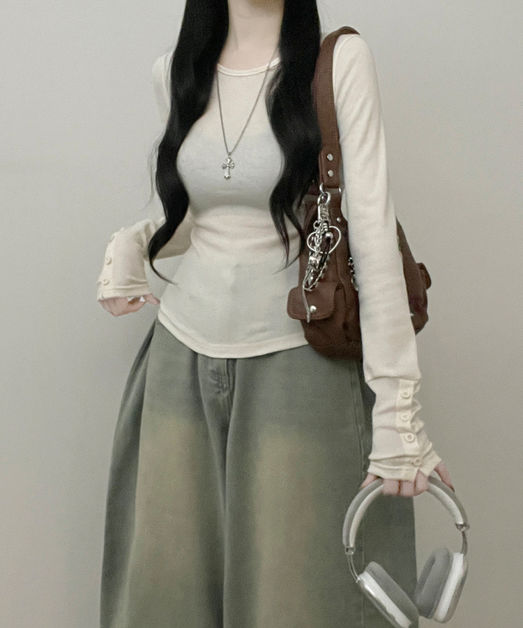 소매버튼옆셔링슬림라인긴팔티셔츠 크림