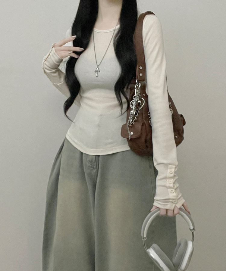 소매버튼옆셔링슬림라인긴팔티셔츠 크림