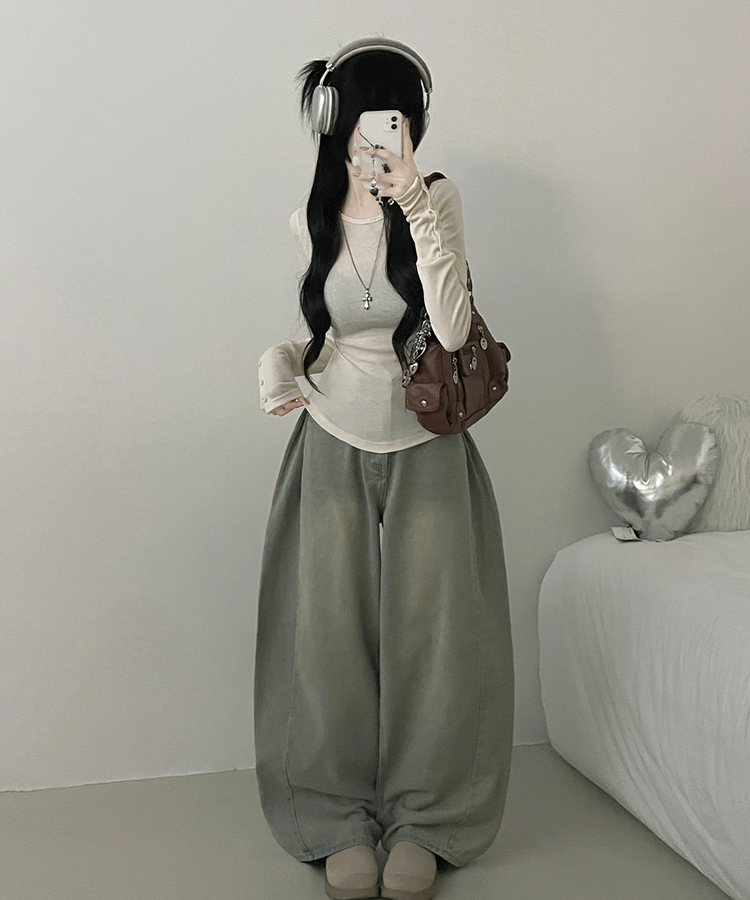 소매버튼옆셔링슬림라인긴팔티셔츠 크림