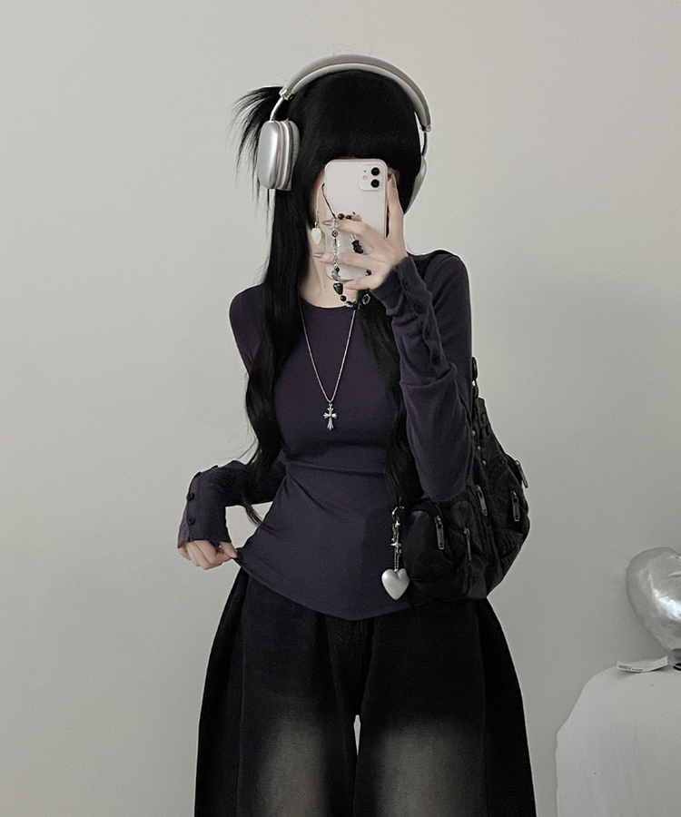 소매버튼옆셔링슬림라인긴팔티셔츠 퍼플