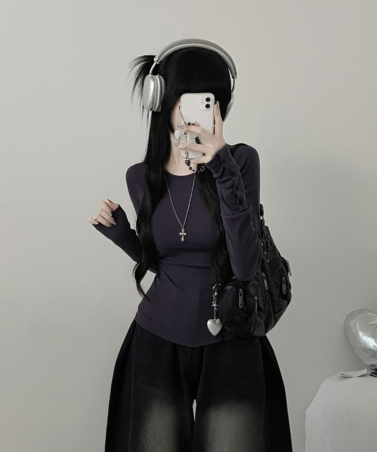 소매버튼옆셔링슬림라인긴팔티셔츠 퍼플