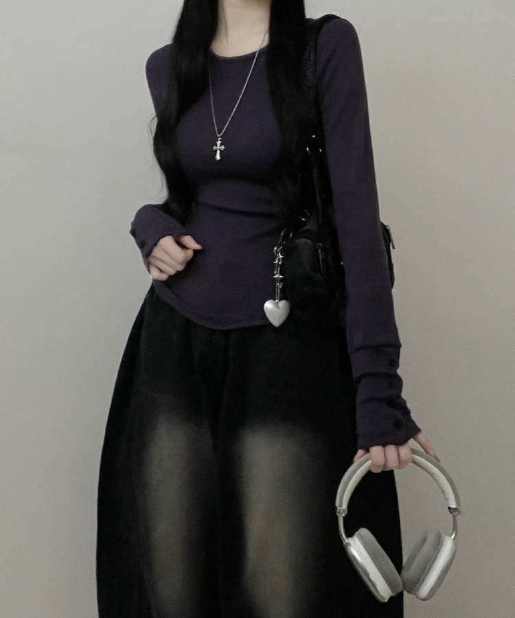 소매버튼옆셔링슬림라인긴팔티셔츠 퍼플