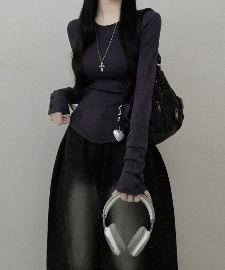 소매버튼옆셔링슬림라인긴팔티셔츠 퍼플