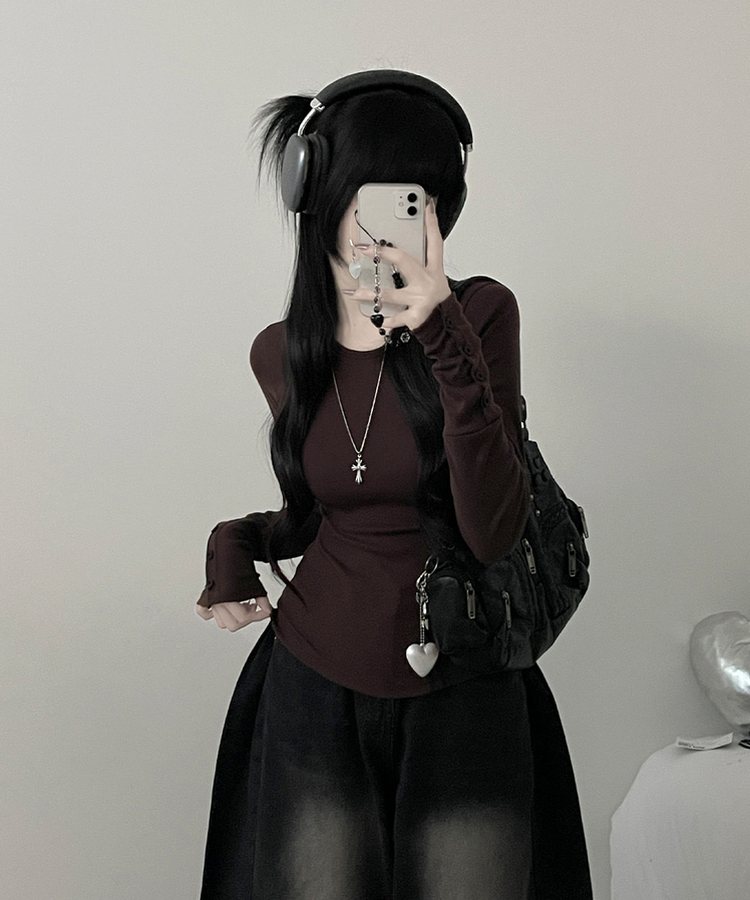 소매버튼옆셔링슬림라인긴팔티셔츠 브라운