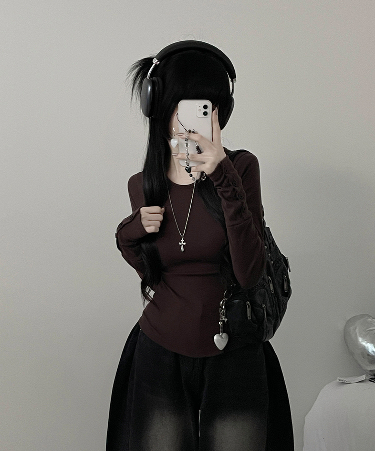 소매버튼옆셔링슬림라인긴팔티셔츠 브라운