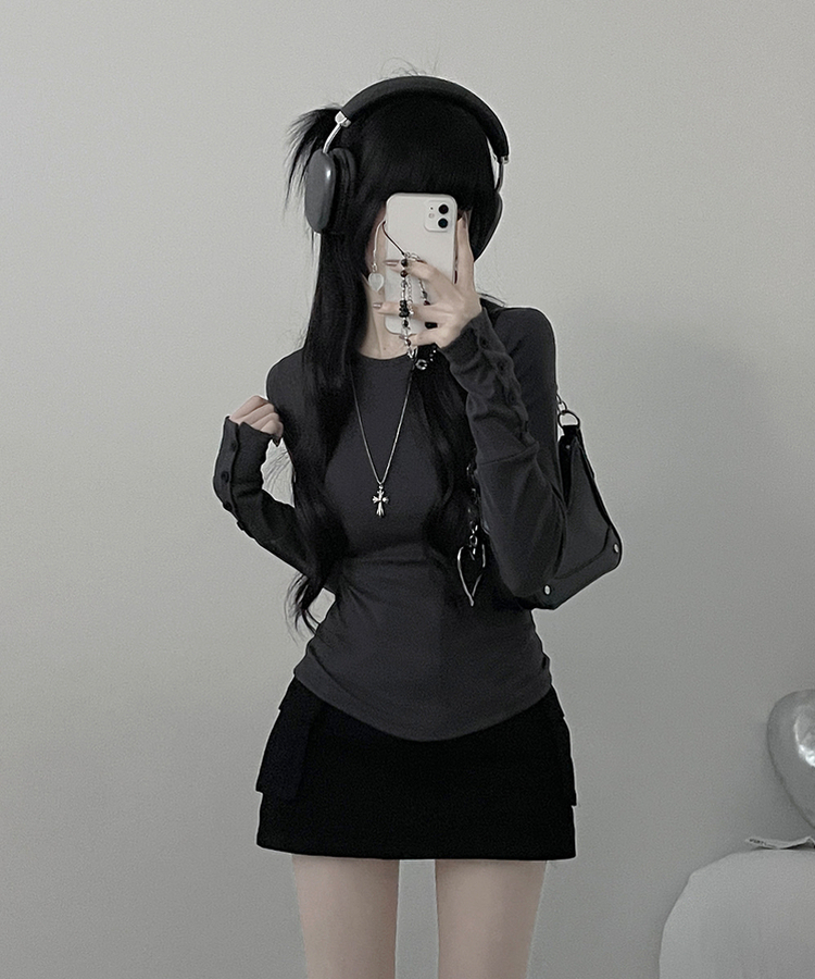 소매버튼옆셔링슬림라인긴팔티셔츠 먹색