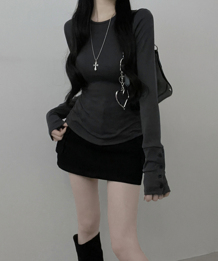 소매버튼옆셔링슬림라인긴팔티셔츠 먹색