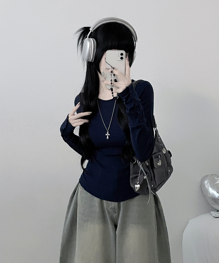 소매버튼옆셔링슬림라인긴팔티셔츠 네이비