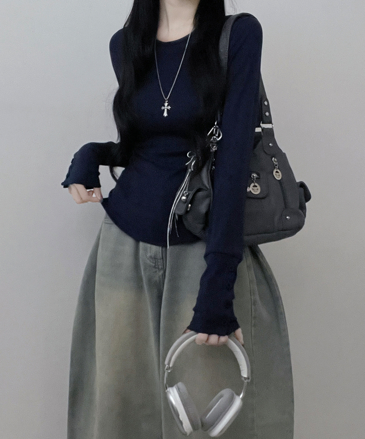 소매버튼옆셔링슬림라인긴팔티셔츠 네이비