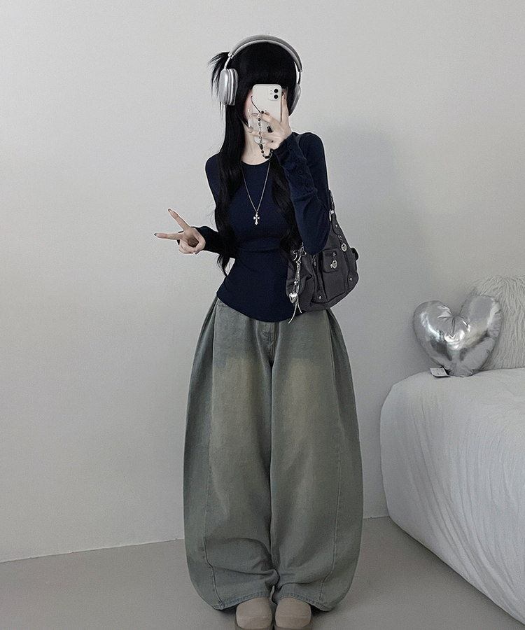 소매버튼옆셔링슬림라인긴팔티셔츠 네이비