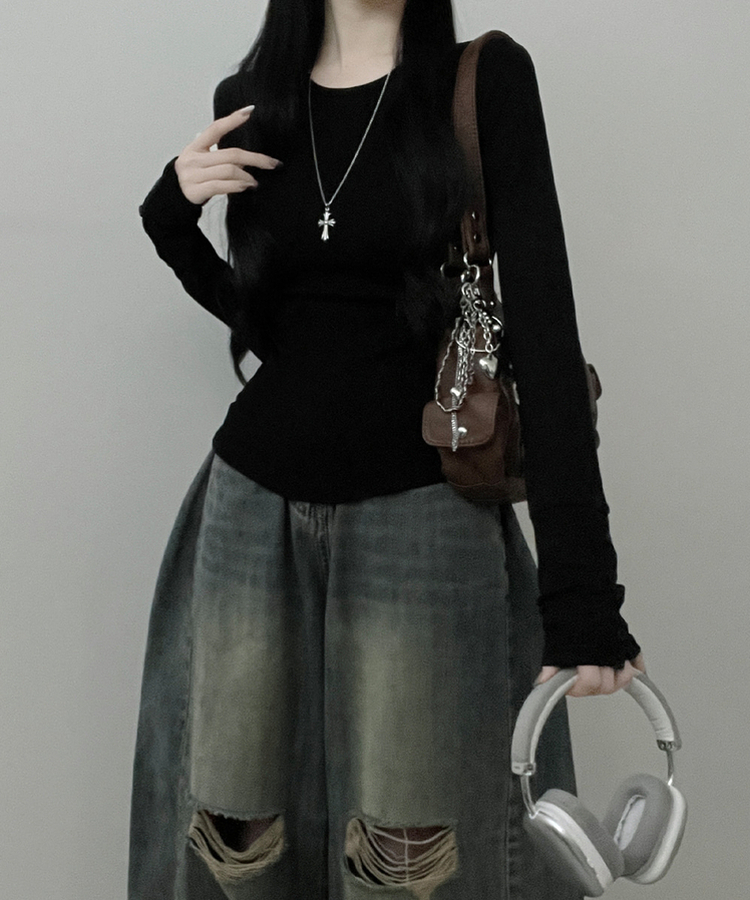 소매버튼옆셔링슬림라인긴팔티셔츠 블랙