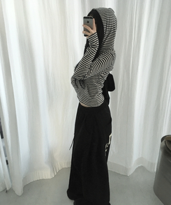 ボーダーハンドポケットフード長袖Tシャツ CHARCOAL