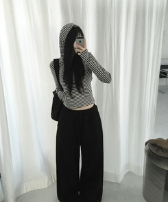 ボーダーハンドポケットフード長袖Tシャツ CHARCOAL