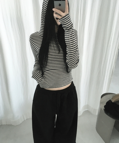 ボーダーハンドポケットフード長袖Tシャツ CHARCOAL