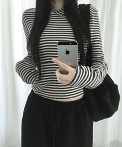 ボーダーハンドポケットフード長袖Tシャツ CHARCOAL