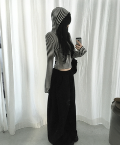 ボーダーハンドポケットフード長袖Tシャツ CHARCOAL