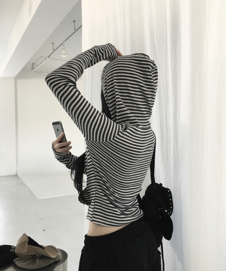 ボーダーハンドポケットフード長袖Tシャツ CHARCOAL