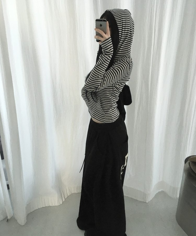 ボーダーハンドポケットフード長袖Tシャツ CHARCOAL