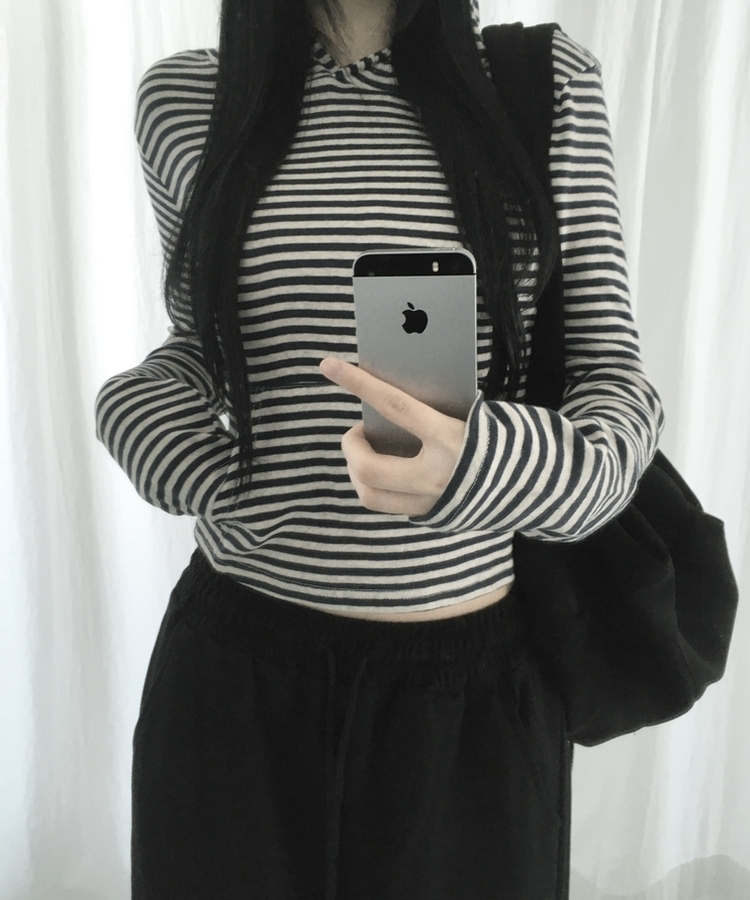 ボーダーハンドポケットフード長袖Tシャツ CHARCOAL