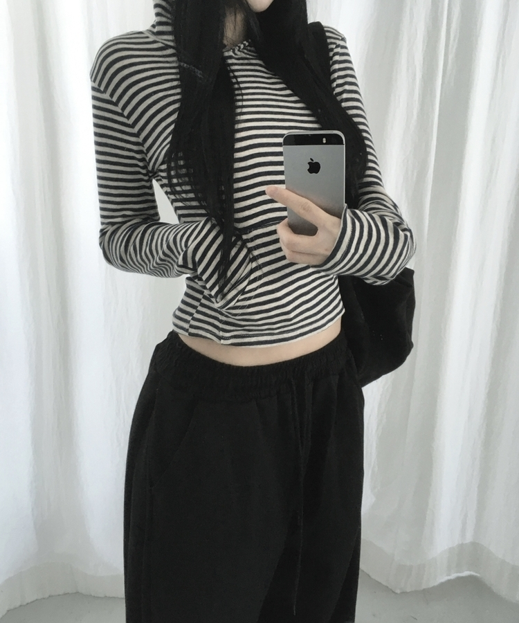 ボーダーハンドポケットフード長袖Tシャツ CHARCOAL